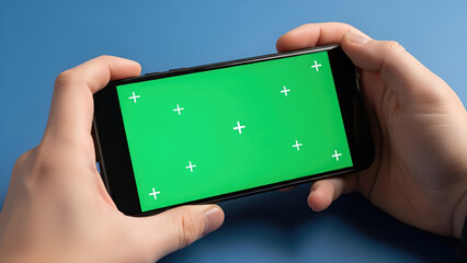 Hands Holding Modern Smartphone Horizontally with Green Screen and Tracking Markers