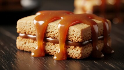 Close-up of a sweet caramel cookie sandwich with dripping sauce