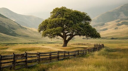 A large, leafy tree stands in a golden field, framed by a rustic wooden fence leading towards distant, hazy mountains. Soft light illuminates the scene
