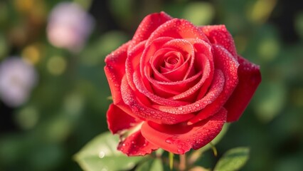 Close-up of a vibrant red rose with dew drops in a garden