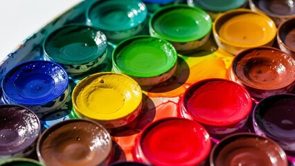 Close-up of a vibrant watercolor paint palette with various colors