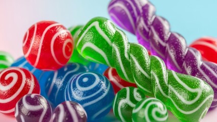 Close-up of vibrant, colorful swirl candies and twisted lollipops