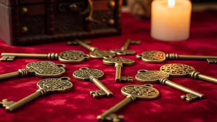 Collection of ornate antique keys scattered on a red velvet surface with a candle and chest