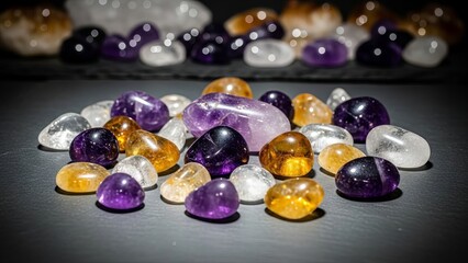 Collection of polished amethyst and citrine gemstones scattered on a surface