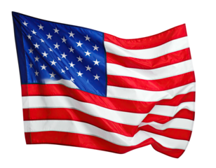 American flag, waving in the wind, with fifty stars on a blue field and red & white stripes
