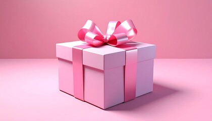 Obraz premium Pink gift box tied with a ribbon bow on a pink surface. Soft lighting creates shadows