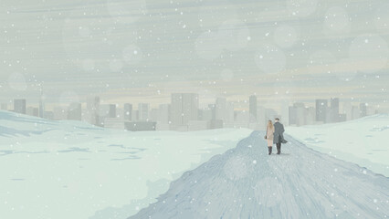 Public park covered by snow in winter season with couple of lover walking together on the track have skyscrapers far away