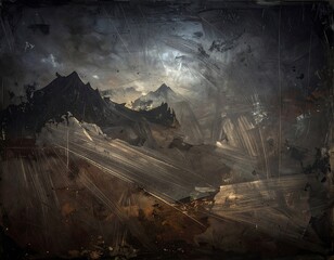 Grungy, abstract landscape with dark mountains under cloudy sky, smeared texture overlaying the scene