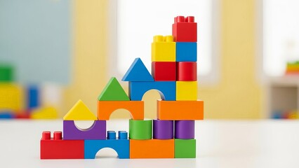 Colorful building blocks forming a tall tower, showcasing early childhood development and creative play.