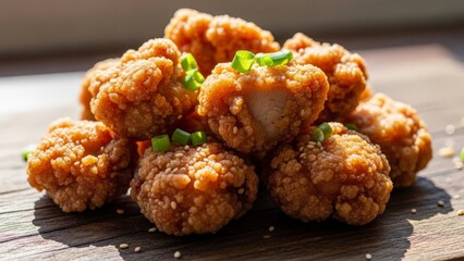 Crispy Golden Brown Fried Chicken Bites Garnished with Green Scallions