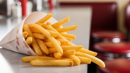 Crispy Golden Brown French Fries Served in White Paper Container