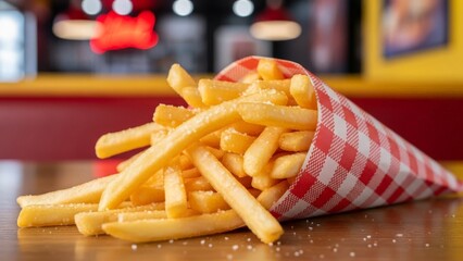Crispy Golden French Fries in Red and White Gingham Paper Cone