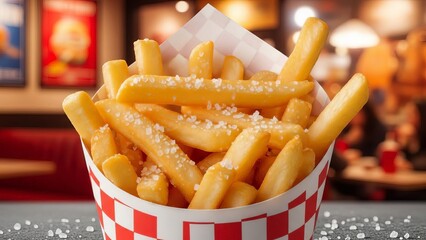 Crispy Golden French Fries with Salt Sprinkled in Red and White Checkered Paper Cup