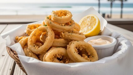 Crispy Golden Fried Calamari Rings with Lemon and Dip