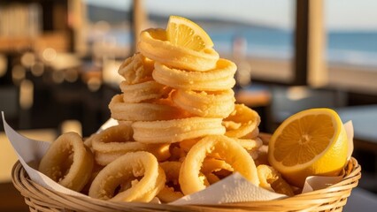 Crispy Golden Fried Calamari Rings With Lemon Slices