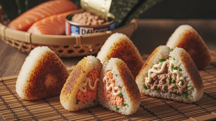 Crispy Salmon and Tuna Onigiri Rice Balls with Mayonnaise Drizzle