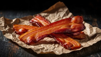 Crispy Smoky Bacon Strips on Brown Paper