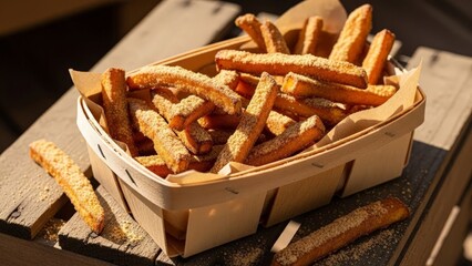 Crispy Sweet Potato Fries Served in a Rustic Wooden Basket