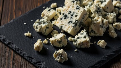Crumbled Blue Cheese Pieces on a Dark Slate Board