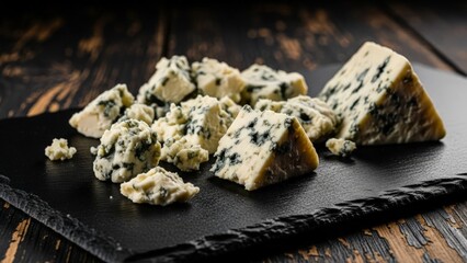 Crumbled Blue Cheese on a Dark Board, Gourmet Food Presentation