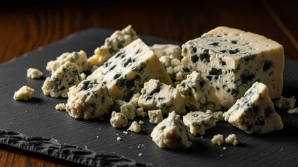 Crumbled Blue Cheese Pieces on Dark Surface