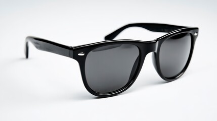A pair of glossy, black sunglasses resting against a clean, white backdrop. The shades boast dark lenses and a classic, timeless design