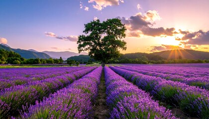 Purple lavender field leading to tree under sunset, mountain backdrop and cloud streaks in sky