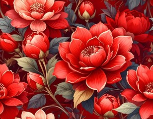 Lush floral pattern with vibrant red and pink blossoms amid dark leaves, densely packed together