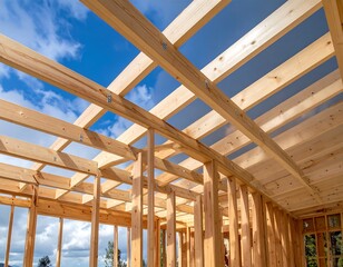 Interior framing shows exposed wooden beams against a blue sky with clouds, creating construction building detail