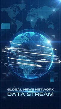 Global network animation showing data streams orbiting earth. Digital connectivity flow visualized as golden liquid pouring. Information technology and worldwide communication concept. Vertical video