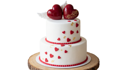 Two-tier wedding cake with red hearts and angel wings on trasparent background 
