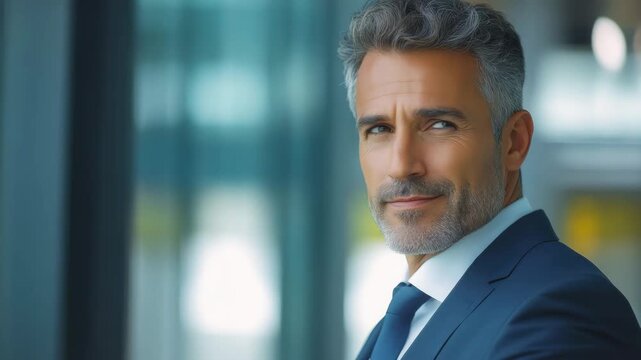 Male executive with short gray beard and mustache, looking serious. Wearing formal suit, tie, and shirt. Dark office background.