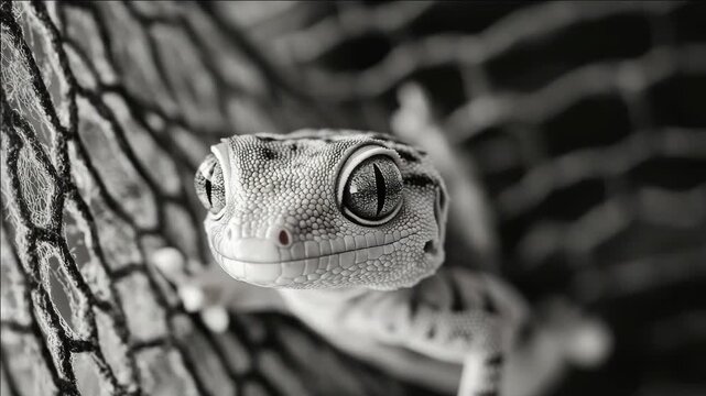 A small lizard peeking out from behind a net, with its eyes wide open. The photo captures the moment of curiosity or perhaps anticipation.