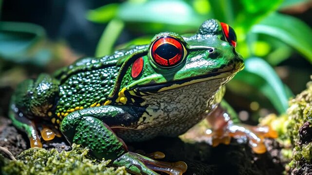 Emerald Eyes: A vibrant green frog with striking red eyes is captured in close-up, its textured skin glistening, highlighting the beauty of nature.