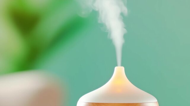 Aromatic Serenity: A modern diffuser releases a delicate stream of fragrant mist, its soft glow illuminating the soothing ambiance. The scene evokes a sense of tranquility.