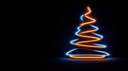 Un sapin de No&euml;l minimaliste illumin&eacute; au n&eacute;on, aux lignes et courbes &eacute;pur&eacute;es sur un fond sombre, le sapin rayonnant avec des contours aux reflets orange et bleus, image avec espace pour texte..