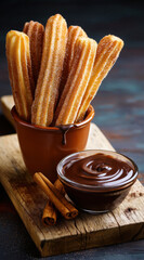 Des churros napp&eacute;s de cr&egrave;me au chocolat et saupoudr&eacute;s de cannelle sur une planche en bois, vue en gros plan de p&acirc;tisseries mexicaines traditionnelles.