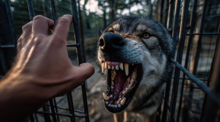 Un chien en col&egrave;re, montrant les dents, dans une cage, une main humaine tendue vers sa gueule, dans une atmosph&egrave;re de refuge pour animaux.
