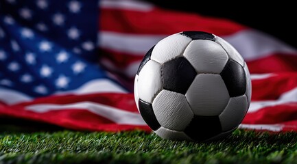 Un ballon de football sur un drapeau am&eacute;ricain pos&eacute; sur la pelouse, symbolisant la coupe du monde aux &eacute;tat-unis.