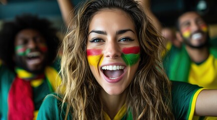 Des supporters heureux, le visage peint de couleurs rouge, jaune et vert, acclamant leur &eacute;quipe, partageant un moment de convivialit&eacute; lors d'un match de coupe du monde de football.