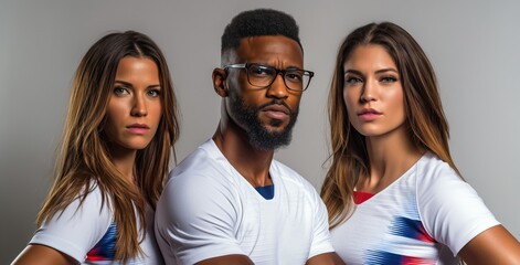 Trois supporters, un homme et deux femme, portant le maillot de l'&eacute;quipe nationale de football des &Eacute;tats-Unis, regardant avec force et confiance la cam&eacute;ra, sur fond gris.
