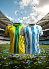 Deux maillots d'&eacute;quipes de football au centre d'un stade vide, le premier jaune et vert &agrave; rayures du Br&eacute;sil, le deuxi&egrave;me blanc et bleu clair &agrave; rayures de l'Argentine.