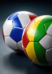 Deux ballons de football aux couleurs de drapeau de la France et du S&eacute;n&eacute;gal, vue en gros plan, concept de match de coupe du monde.