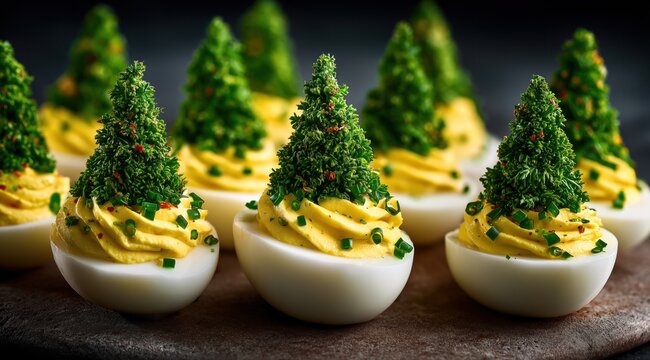 D&eacute;licieux &oelig;ufs mimosa &agrave; la moutarde jaune et au cresson vert, fa&ccedil;onn&eacute;s en forme de sapins de No&euml;l, constituant un plat festif id&eacute;al pour le r&eacute;veillon du Nouvel An.