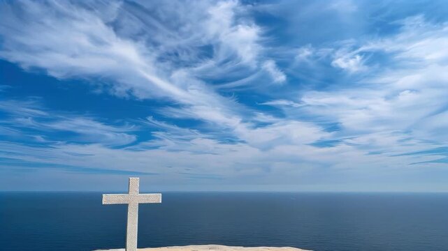 Cross by the Sea: A serene vista, where a stark white cross stands as a symbol of faith against the vast canvas of a bright blue sky, the gentle touch of clouds drifting over the water's expanse.