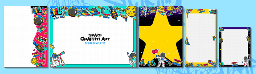Modern graffiti art design template in space theme. Flyer design with hand-draw graffiti art space vector illustration.