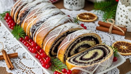 Delicious Poppy Seed Roll Cake Sliced and Decorated with Berries and Powdered Sugar