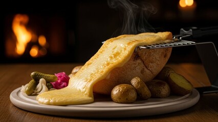 Delicious Raclette Cheese Melting Over Potatoes and Pickles