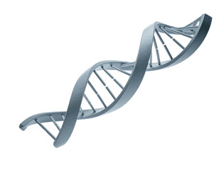 A metallic, stylized 3D representation of a DNA double helix against a black backdrop