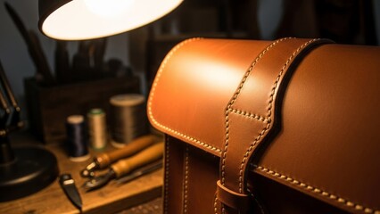 Detailed Close-up of a Handcrafted Leather Satchel in a Dimly Lit Workshop